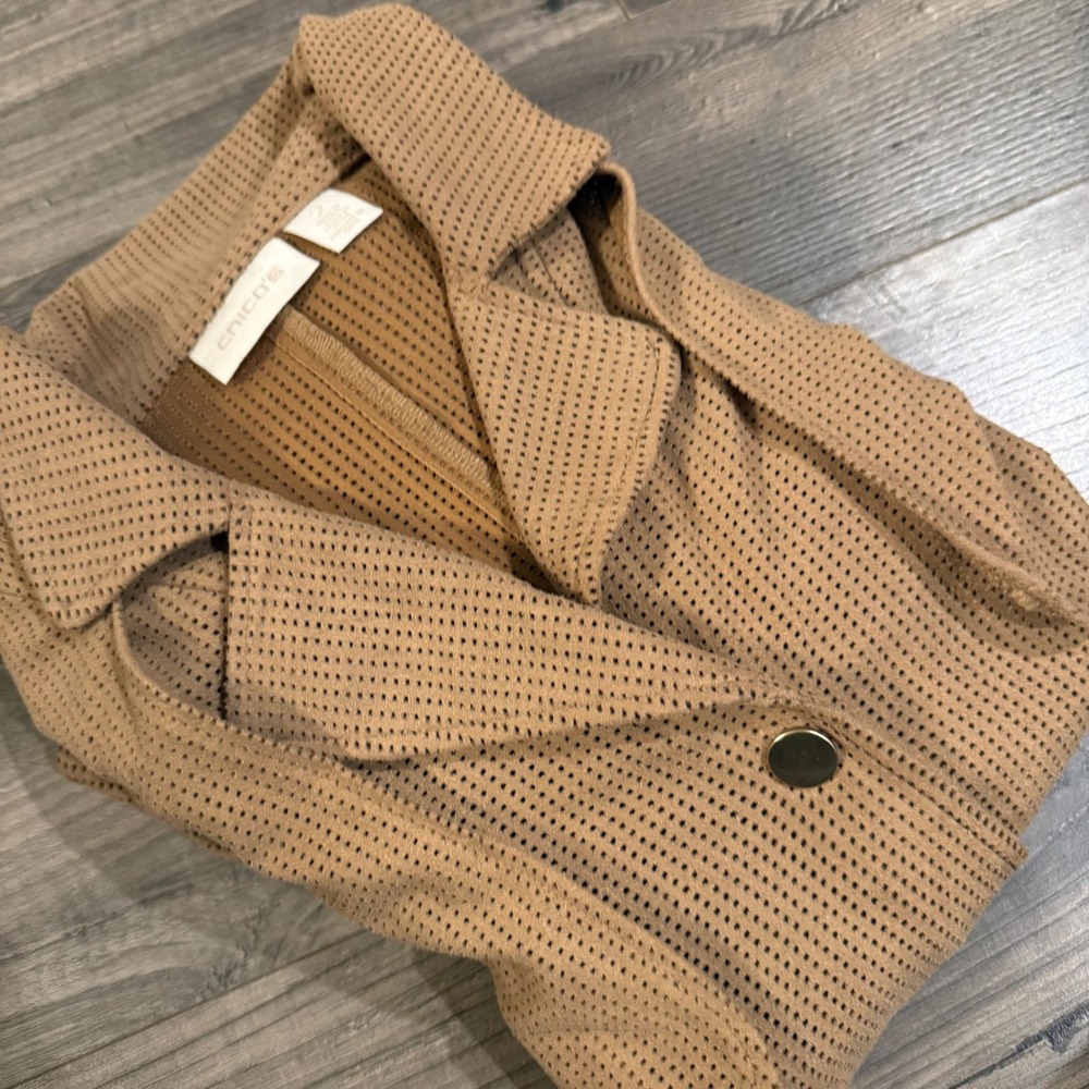 Chico's Perforated Faux Suede Jacket Camel Tan Gold Button Storm Flap Size 2 L